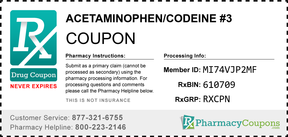 Acetaminophen/codeine #3 Prescription Drug Coupon with Pharmacy Savings