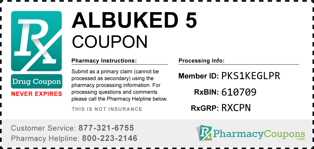 Albuked 5 Prescription Drug Coupon with Pharmacy Savings