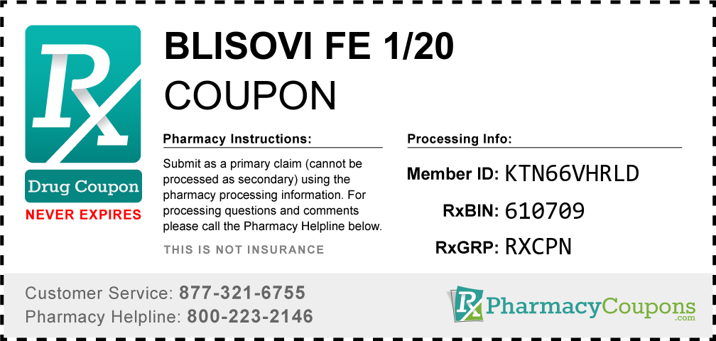 Blisovi fe 1/20 Prescription Drug Coupon with Pharmacy Savings