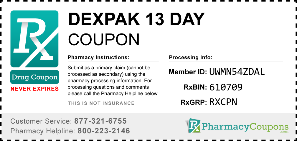 Dexpak 13 day Prescription Drug Coupon with Pharmacy Savings