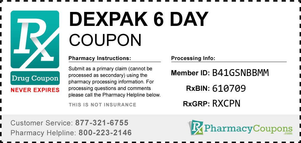 Dexpak 6 day Prescription Drug Coupon with Pharmacy Savings