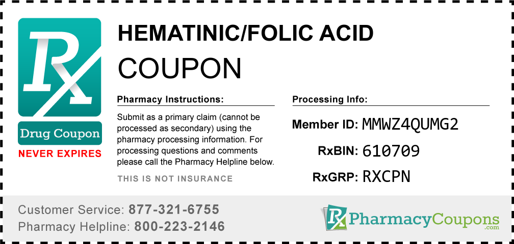 Hematinic/folic acid Prescription Drug Coupon with Pharmacy Savings