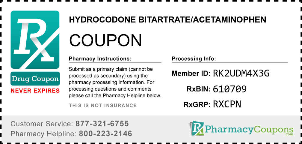 Hydrocodone bitartrate/acetaminophen Prescription Drug Coupon with Pharmacy Savings