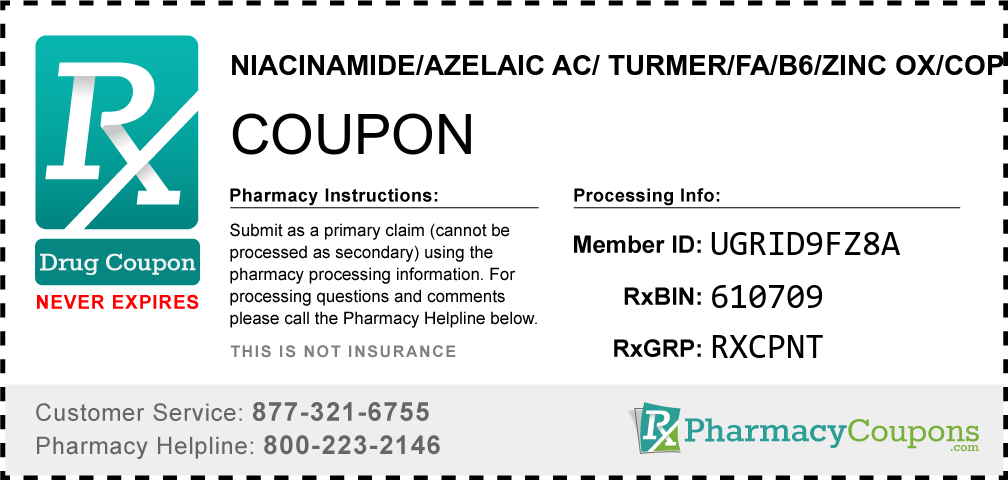 Niacinamide/azelaic ac/ turmer/fa/b6/zinc ox/copper Prescription Drug Coupon with Pharmacy Savings