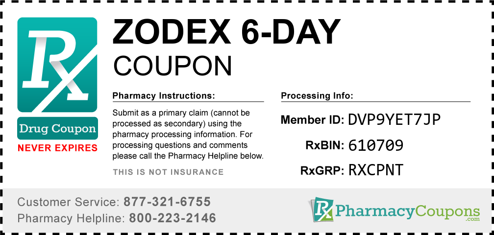 Zodex 6-day Prescription Drug Coupon with Pharmacy Savings